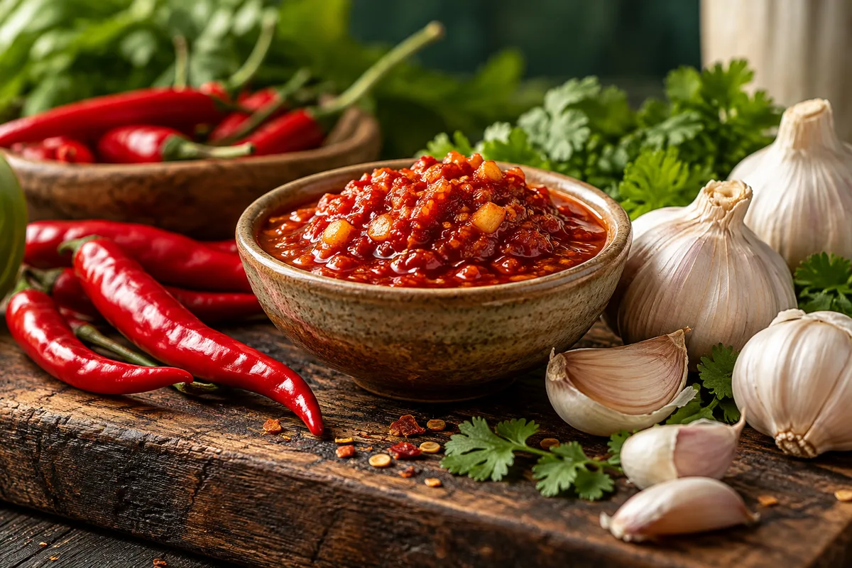 A bowl of red chilli garlic sauce with garlic bulbs and whole red chillies