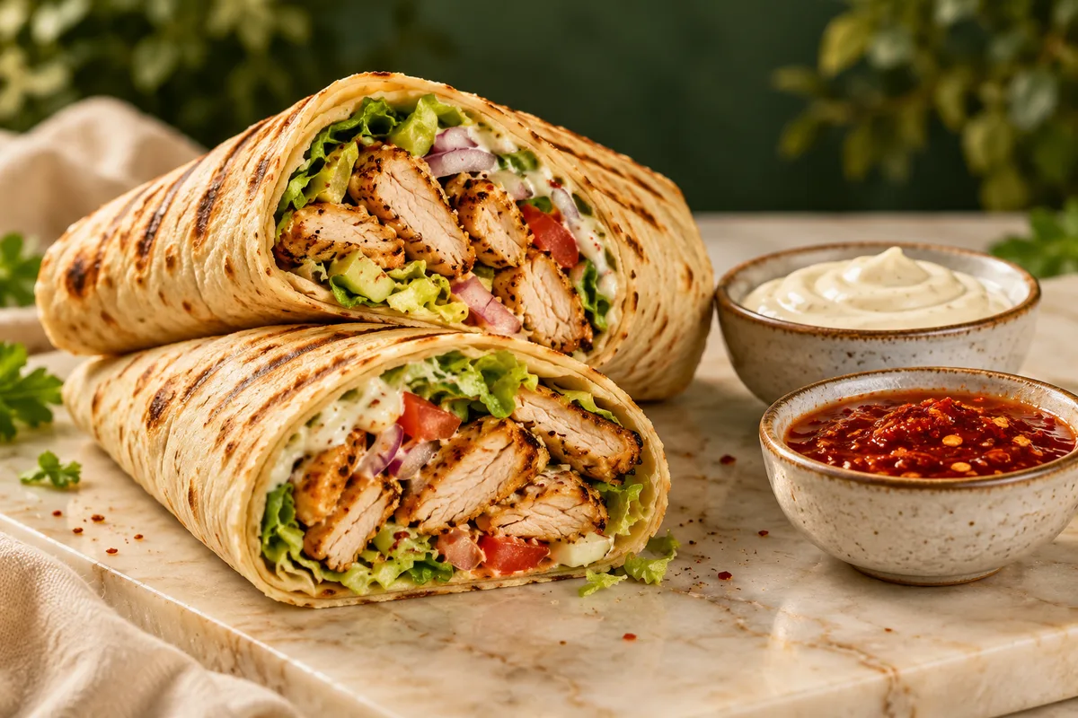 Two sliced chicken wraps with small bowls of white garlic sauce and red chilli sauce