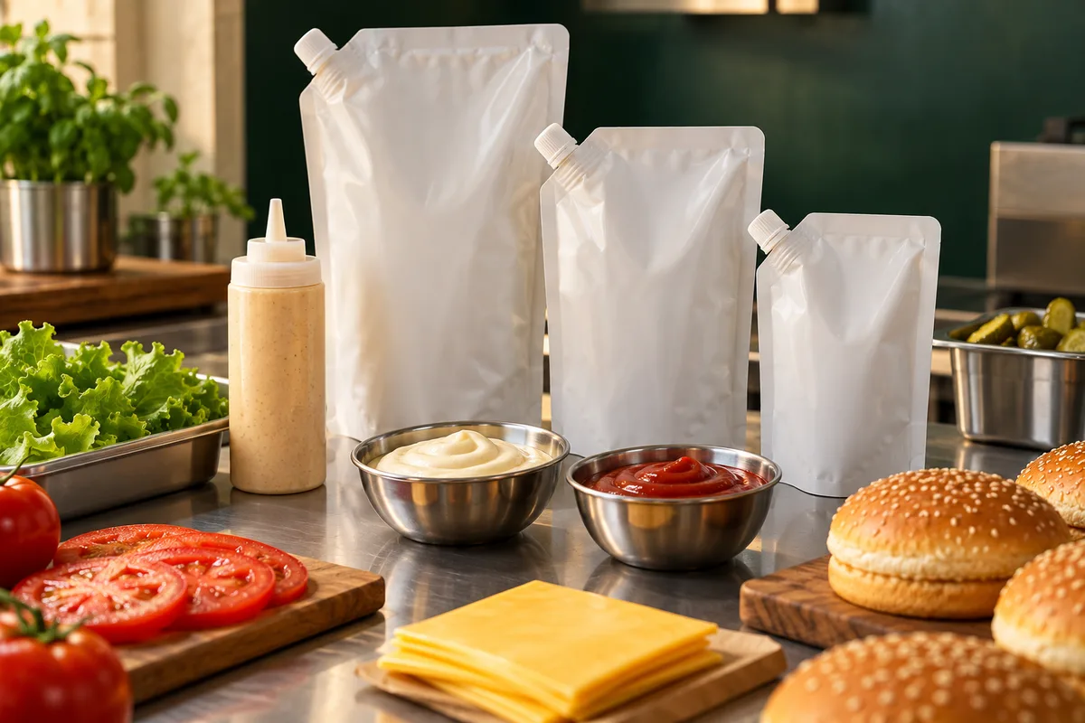 A clean commercial kitchen prep area with stainless steel surfaces and labelled containers