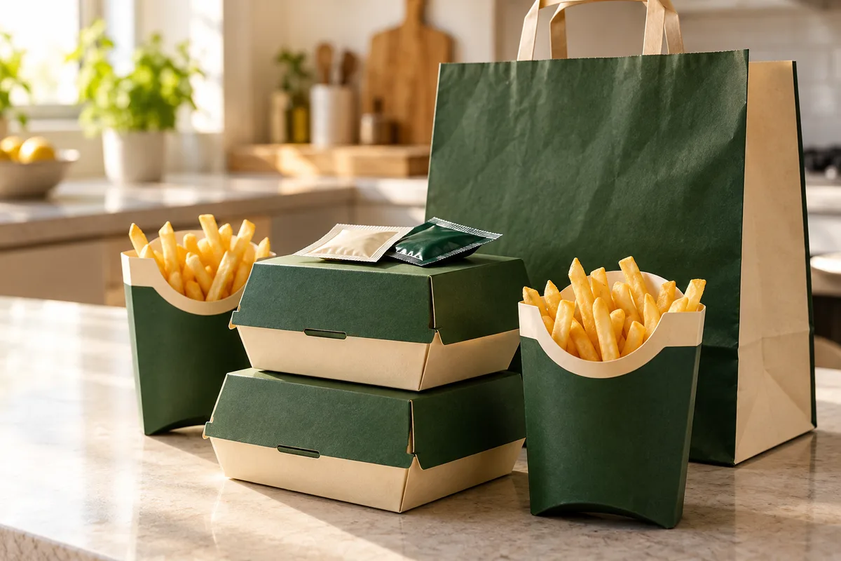 A takeaway delivery bag with burger boxes, fries and sealed sauce sachets