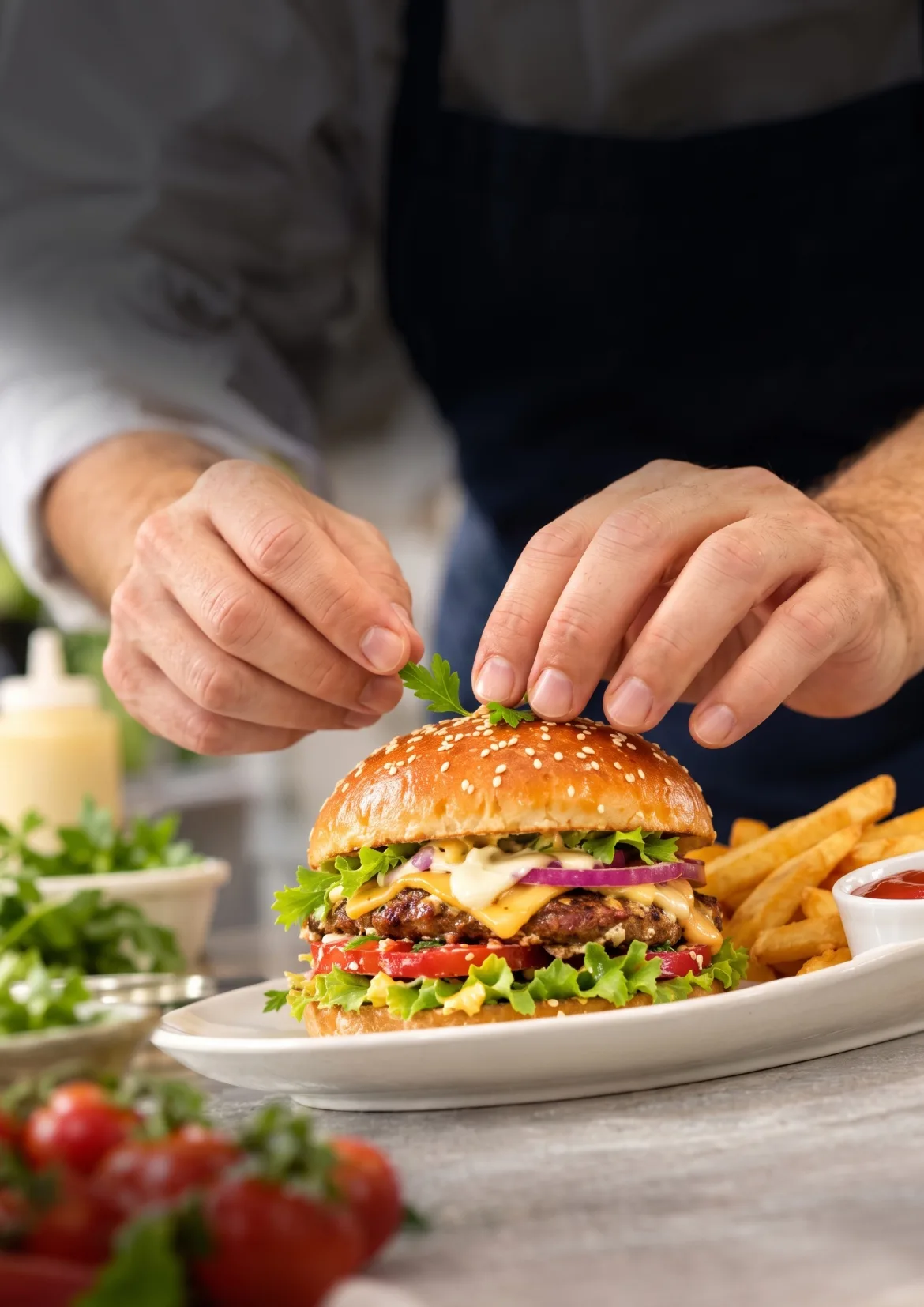 A burger topped with fresh lettuce